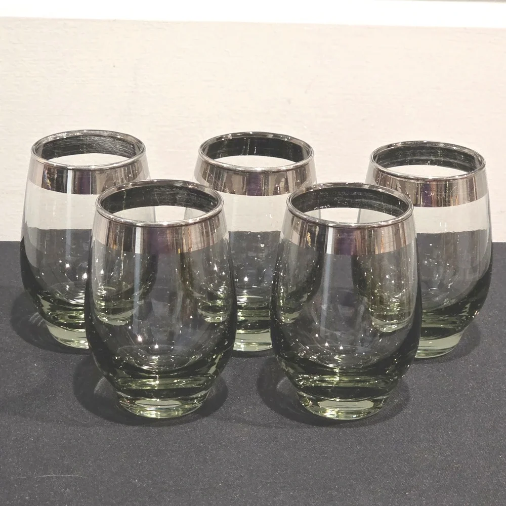 Vintage MCM Drinkware Smoke Green Barware Metallic Trim Retro Stemless‎ Set of 5